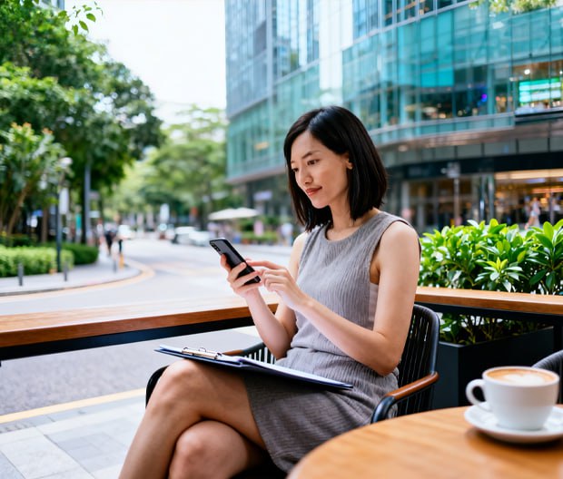 Woman outside office with folder and phone