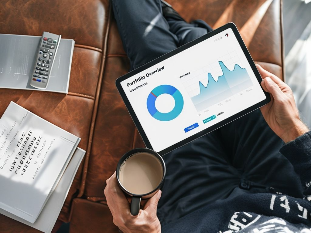 Person, die mit einer Tasse auf dem Boden sitzt und sich die Ergebnisse auf einem Smartphone ansieht